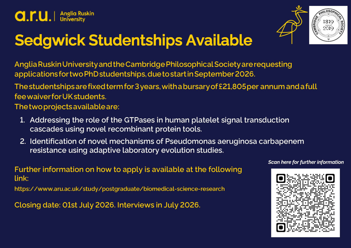 Anglia Ruskin University and the Cambridge Philosophical Society are requesting applications for two PhD studentships.